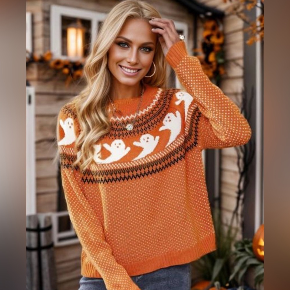 Retro Fair Isle Ghost Print Sweater Halloween - Picture 1 of 16